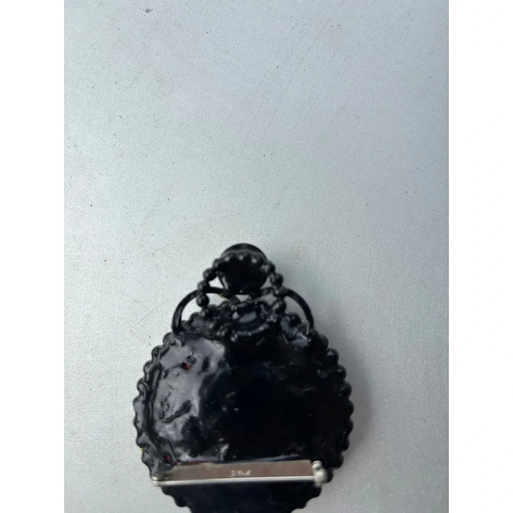 Vintage Red Carved Rose Cinnabar Style Brooch Black Beaded Floral‎ Pin 2 Inch